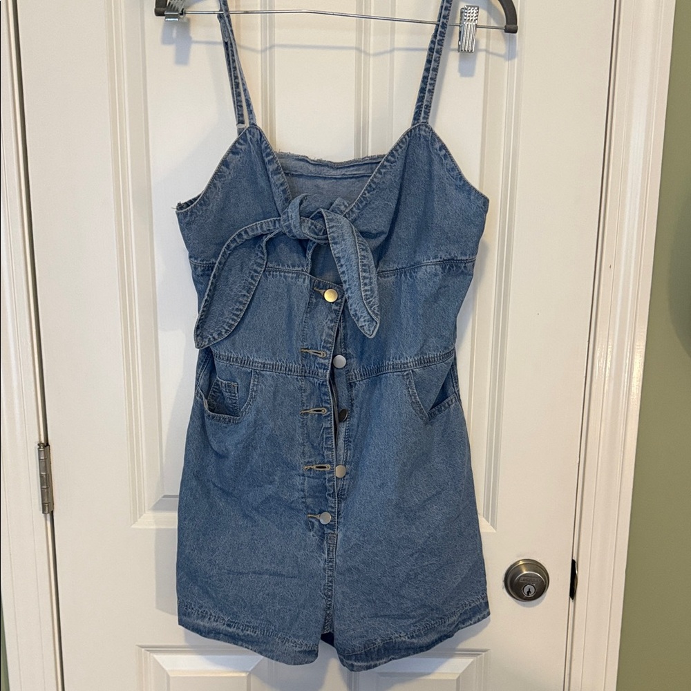 Denim Button-Down Romper with Tie Front